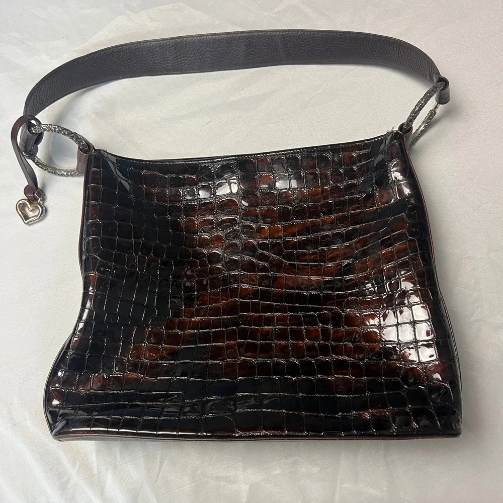 Brighton Croc Cher Embossed Shoulder Bag Brown Faux Leather Silver‎ Detail Hobo
